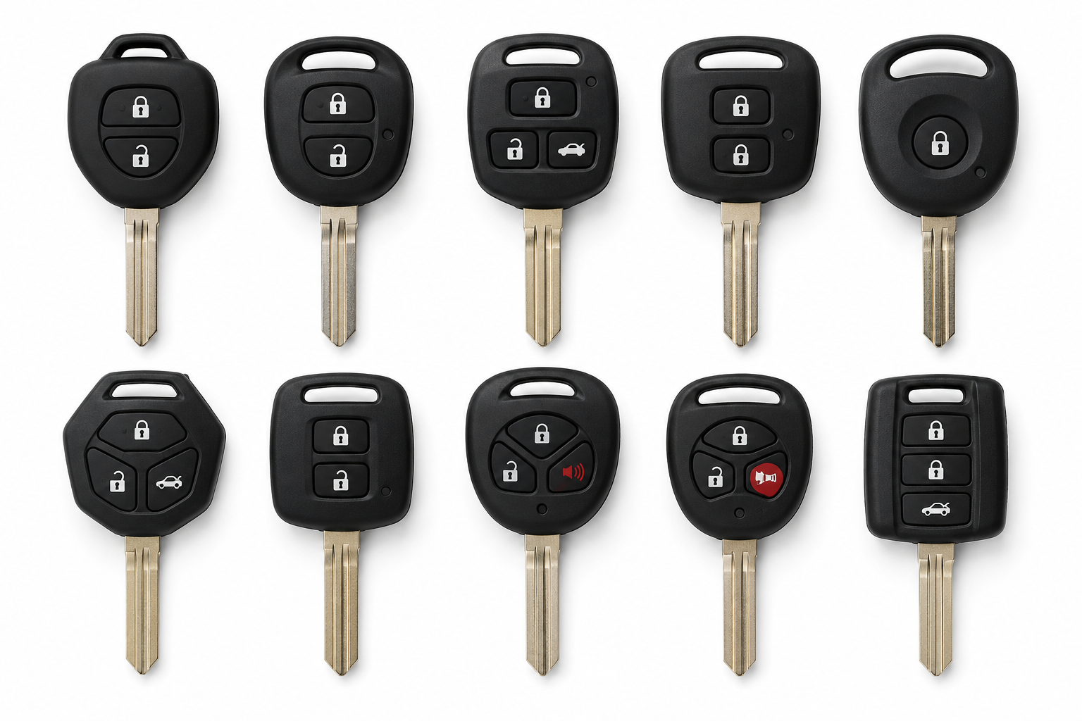 10 black car transponder keys arranged in two rows