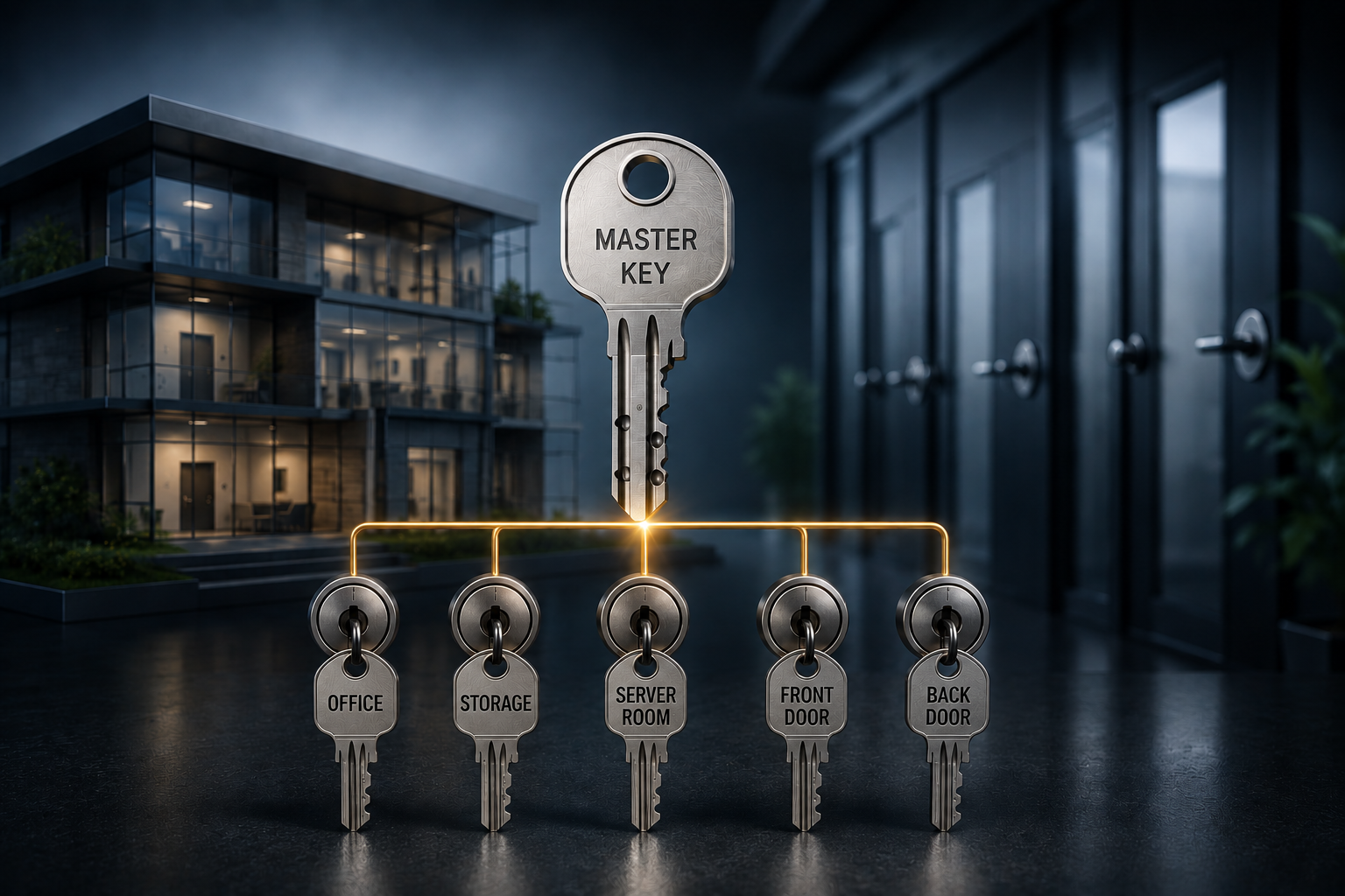Master key hierarchy diagram showing a master key connected to office, storage, server room, front door and back door keys